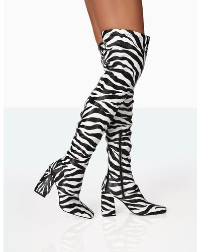 Public Desire Meridian Zebra Grain Pu Block Heel Over The Knee High Boots - White