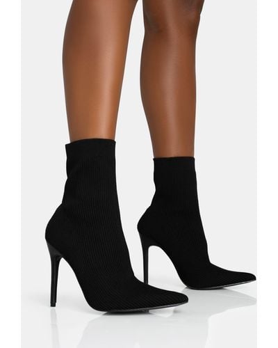 Public Desire Mirival Black Knitted Stiletto Sock Pointed Toe Ankle Boots - White