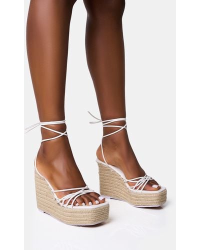 Public Desire Heated White Strappy Lace Up Jute Wedges - Brown