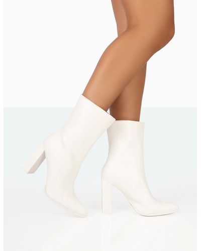Public Desire Bridget White Pu Pointed Toe Block Heeled Ankle Boots