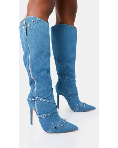 Public Desire Worthy Blue Denim Studded Zip Detail Pointed Toe Stiletto Knee High Boots