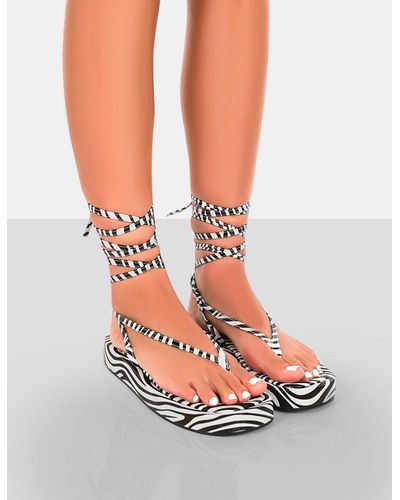 Public Desire Beach Babe Zebra Lace Up Toe Thong Flatform Sandals - Multicolor
