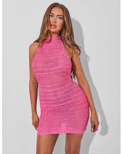 Public Desire High Neck Low Back Textured Mini Dress Pink