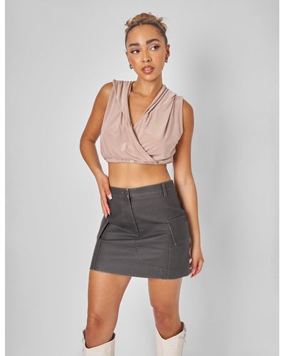 Public Desire Sleeveless Wrap Front Top With Hood Stone - Grey