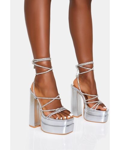 Public Desire Glow Girl Silver Diamante Lace Up Platform High Heels - Brown