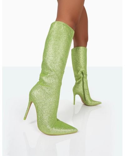Public Desire Diva Lime Glitter Pointed Toe Stiletto Knee High Boots - Green