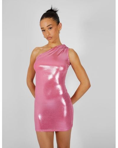 Public Desire One Shoulder Ruched Metallic Mini Dress Pink