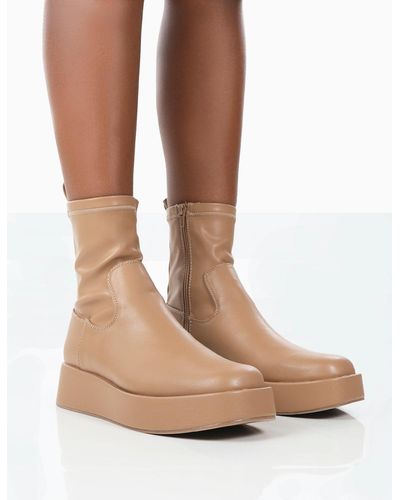 Public Desire Not Okay Nude Pu Chunky Sole Platform Sock Ankle Boots - Natural