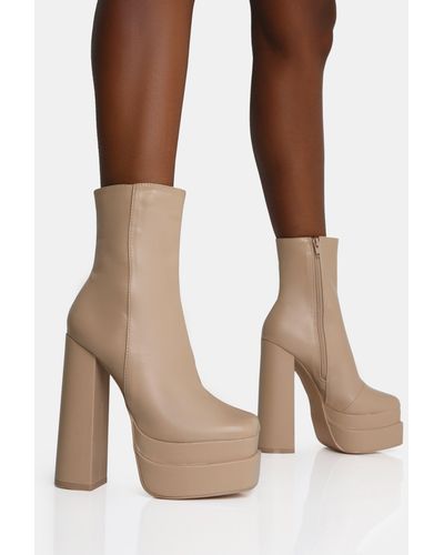 Public Desire Supine Nude Pu Chunky Heeled Platform Ankle Boots - Brown