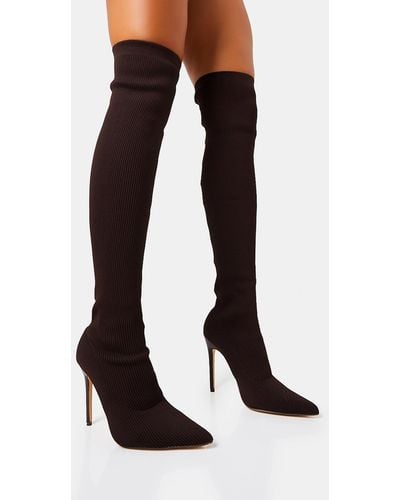 Public Desire Chateau Chocolate Knitted Sock Stiletto Over The Knee Pointed Toe Boots - Black