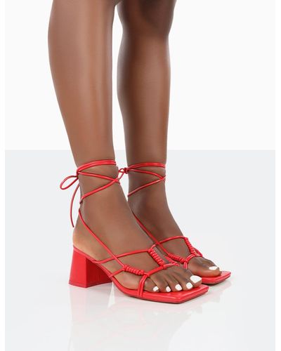 Public Desire Fanatic Red Pu Square Toe Lace Up Block Mid Heeled Sandals