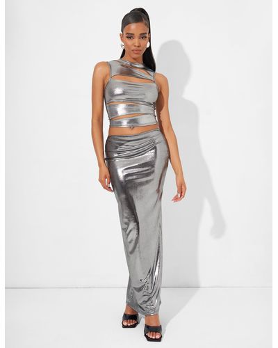 Public Desire Maxi Skirt Co Ord In Metallic Silver - White