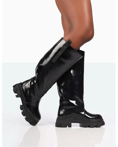 Public Desire Genius Wide Fit Black Box Patent Knee High Chunky Sole Boots - White