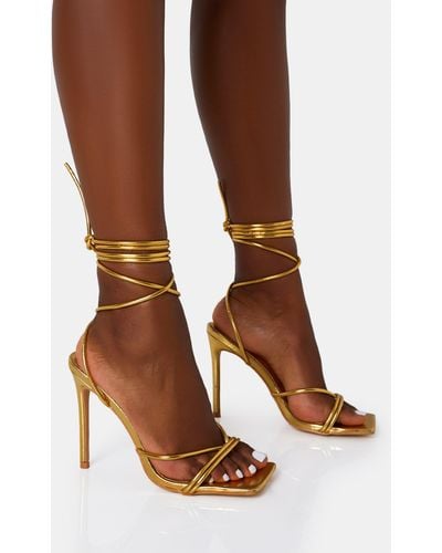 Public Desire Dax Gold Pu Barely There Lace Up Square Toe Stiletto Heels - Brown