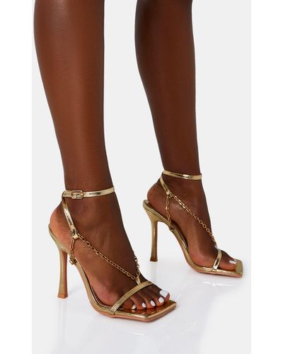 Public Desire Catwalk Gold Pu Chain Strappy Square Toe Stiletto Heels - Brown
