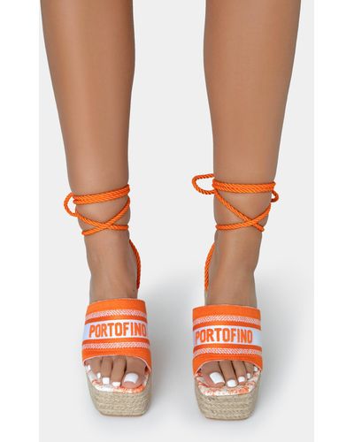 Public Desire Take Off Orange Embroidered Portofino Lace Up Raffia Square Toe Wedge Heels - White