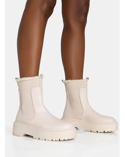 Public Desire Alpine Cream Pu Faux Fur Trim Elasticated Ankle Detail Rounded Toe Chunky Sole Ankle Boots - Natural