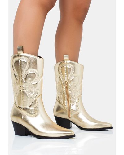 Public Desire Calabasas Gold Western Embroidered Knee High Pointed Toe Cowboy Boots - White