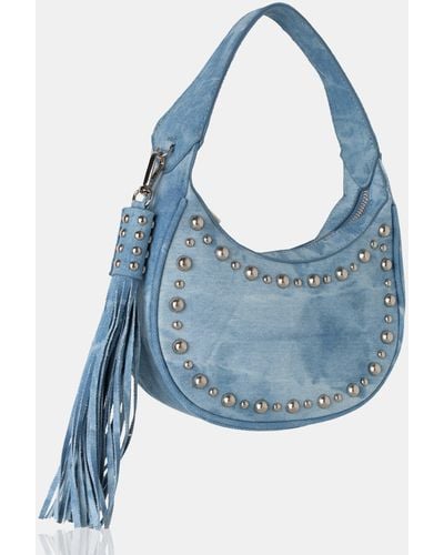 Public Desire The Cato Washed Blue Denim Bleached Studded Tassel Boho Shoulder Bag
