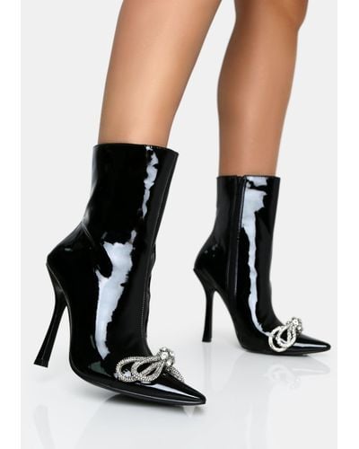 Public Desire Orla Black Patent Diamante Bow Pointed Toe Stiletto Ankle Boots