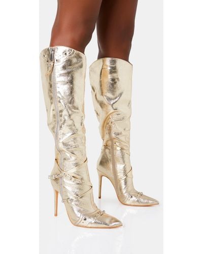 Public Desire Worthy Metallic Gold Studded Zip Detail Pointed Toe Stiletto Knee High Boots - White