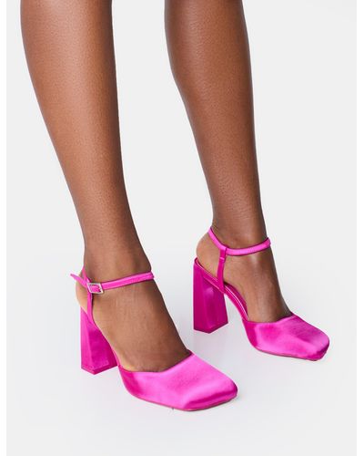 Public Desire Leighton Pink Satin Slant Toe Block Heels