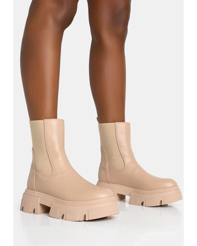 Public Desire Edgy Taupe Pu Elasticated Ankle Rounded Chunky Sole Ankle Boots - Natural