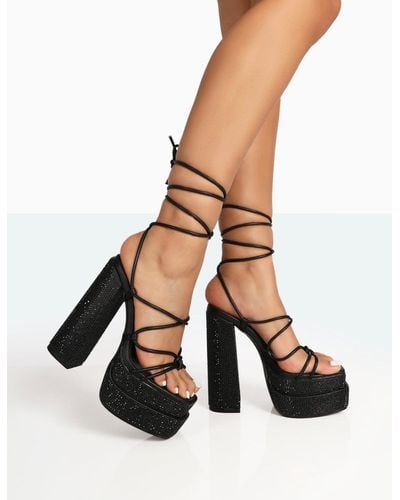 Clearly Black Satin Lace-Up Stiletto Heels With Flowers – Club L London -  AUS