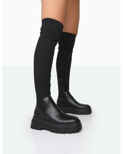 Public Desire Happier Black Boucle Knit Over The Knee Boots