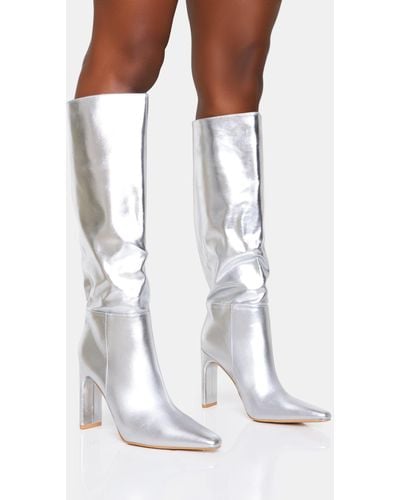 Public Desire Undone Silver Pu Knee High Zip Up Pointed Toe Thin Block Heeled Boots - White