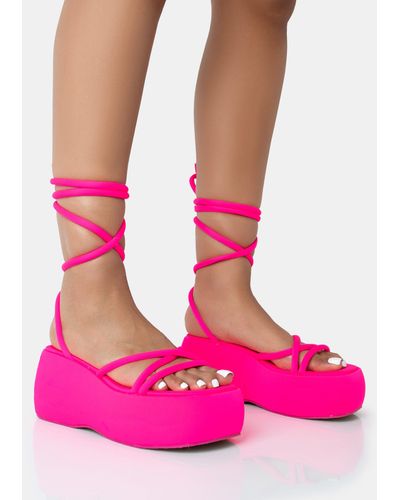 Public Desire Full Moon Hot Pink Nylon Lace Up Chunky Platform Sandals