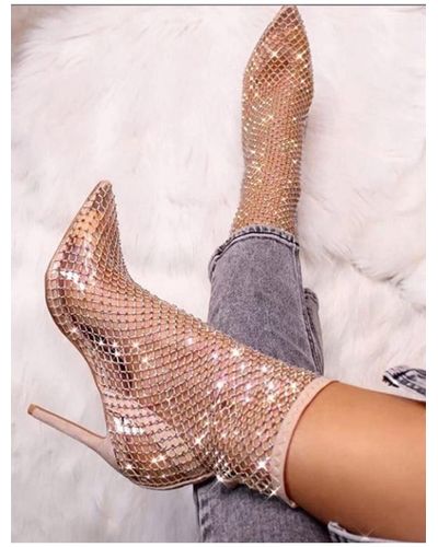 Public Desire Diamond Nude Diamante Fishnet Stiletto High Heels - Natural