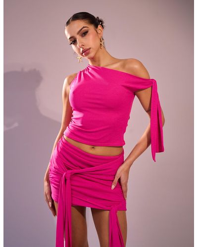 Public Desire Knot Detail One Shoulder Slinky Tie Crop Top Fuchsia Pink