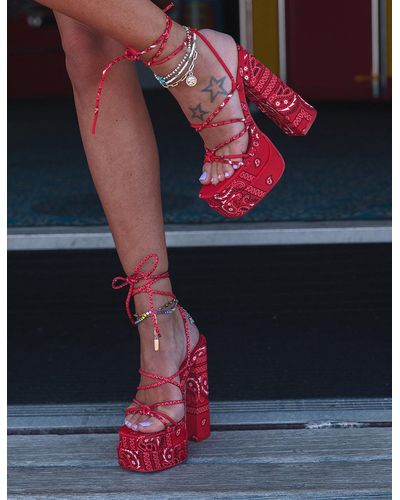 Public Desire Clermonte Red Paisley Print Chunky Platform Lace Up Heels