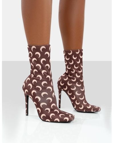 Public Desire Saturn Return Wide Fit Brown Pointed Toe Stiletto Printed Sock Boots - White