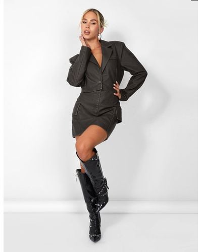 Public Desire Kaiia Distressed Leather Look Pocket Detail Mini Skirt Co-ord In Brown - Black