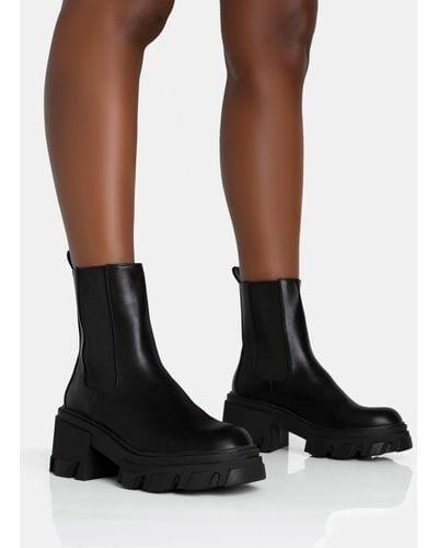 Public Desire Astro Wide Fit Black Pu Elasticated Ankle Detail Chunky Sole Ankle Heeled Boots