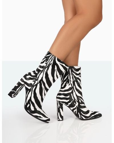 Public Desire Bridget Zebra Printed Pu Pointed Toe Block Heeled Ankle Boots - White