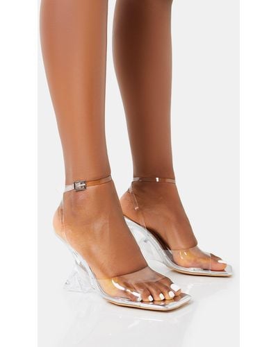 Public Desire Twin Flame Silver Mirror Clear Perspex Wrap Around Barely There Inverted Wedged Square Toe High Heels - Brown