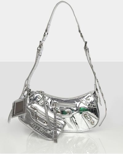 Public Desire The Trackstar Metallic Silver Studded Mirror Zip Detail Handbag