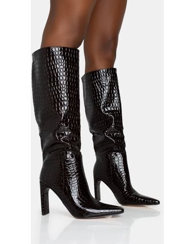 Public Desire Undone Brown Patent Croc Knee High Zip Up Pointed Toe Thin Block Heeled Boots - White