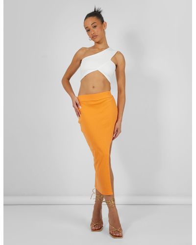 Public Desire Extreme Split Ribbed Midi Skirt Mango - Orange