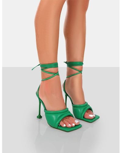 Public Desire Gracie Green Pu Square Peep Toe Lace Up Stiletto Heels