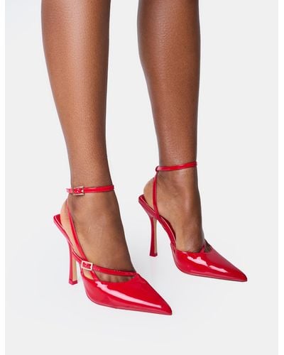 Public Desire Idol Red Patent Buckle Strappy Detail Stiletto Pointed Toe Court High Heels