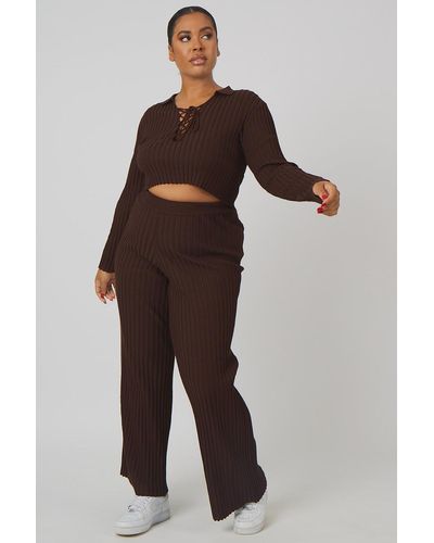 Public Desire Curve Ribbed Knitted Wide Leg Trousers Chocolate - Multicolour