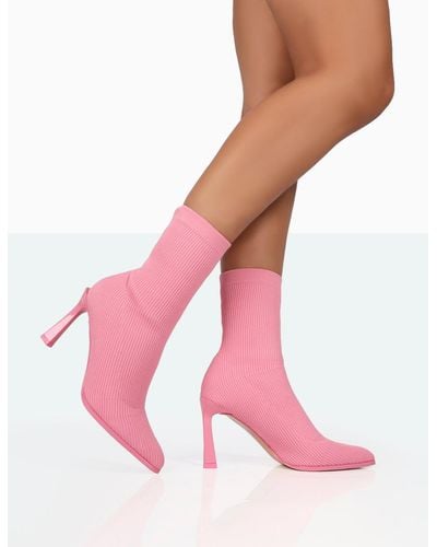 Public Desire Farah Pink Knitted Pointed Toe Stiletto Heel Ankle Sock Boots
