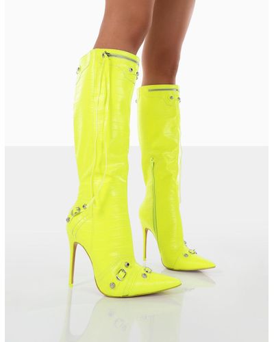 Public Desire Cardi Neon Yellow Croc Pointed Toe Zip Detail Knee High Boots