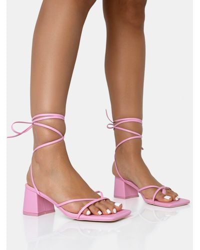 Public Desire Casey Wide Fit Baby Pink Strappy Lace Up Square Toe Low Block Heel Sandals - Multicolour