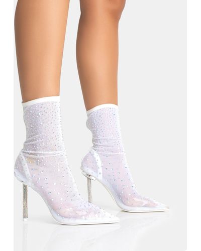 Public Desire Vip White Diamante Holographic Detailed Mesh Pointed Toe Stiletto Sock Boot Heels