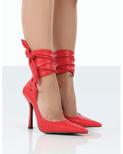 Public Desire Thames Red Pu Lace Up Ribbon Pointed Toe Court Heels